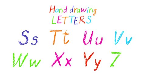 Kids hand drawn animated alphabet letters S, T, U, V, W, X, Y, Z. Doodle crayon, chalk or pencil stroke font for text. Cartoon multicolor funny child writes letters. Alpha channel isolated 4K