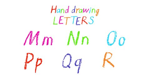 Kids hand drawn animated alphabet letters M, N, O, P, Q, R. Doodle crayon, chalk or pencil stroke font for text. Cartoon multicolor funny child writes letters. Alpha channel isolated transparency 4K