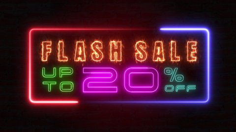 Flashing sale up to percent off colorful neon blaze sign motion banner in black background for promote video. concept of promotion brand sale series 10-90%