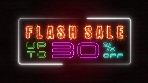 Flashing sale up to percent off colorful neon blaze sign motion banner in black background for promote video. concept of promotion brand sale series 10-90%