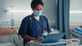 Hospital Ward: Professional Black Latin Female Head Nurse or Doctor Wearing Face Mask Uses Medical Computer. In the Background Patients in Beds Recovering Successfully after Sickness and Surgery - Powered by Shutterstock - Get 15% off with code: PIKWIZARD15