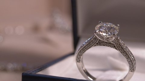 
Close up elegant diamond ring on box. Jewellery prepare for engagement s.Love and wedding object.
