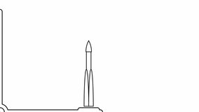 Animated Fly Space Rocket. Successful Spaceship Launch. Black and White Single Object Isolated on White Background. Startup New Exploration Mission. Loop Seamless Stock Footage. 3D Graphic
