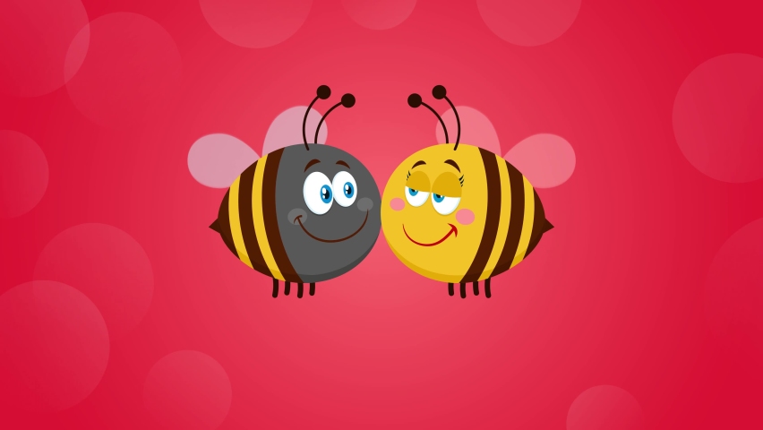 Bee Cartoon Characters Couple In Love With Text. 4K Animation Video Motion Graphics With Background