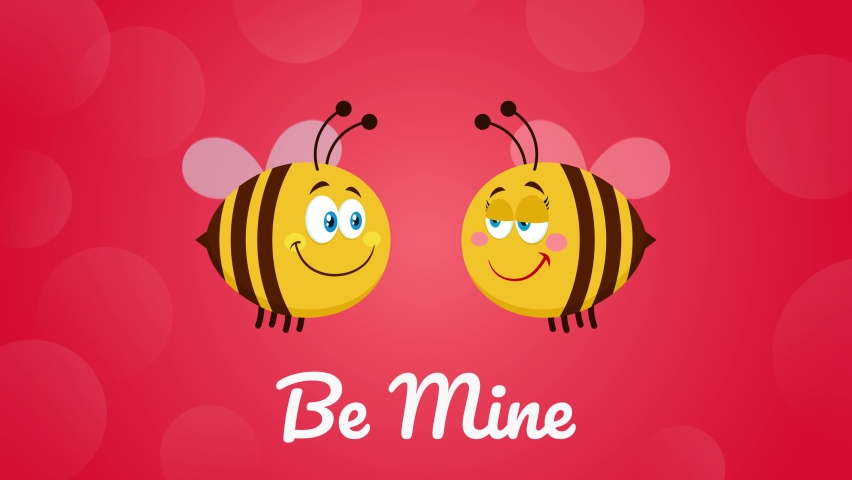 Bee Cartoon Characters Couple In Love. 4K Animation Video Motion Graphics With Background And Text