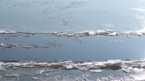 Closeup view 4k video of melting ice on river surface on sunny warm winter day