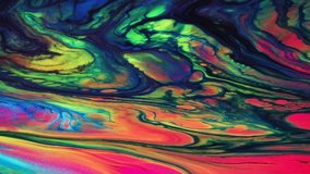 Fluid art drawing video, trendy acryl texture with flowing effect. Liquid paint mixing backdrop with splash and swirl. Detailed background motion with pink, green and blue overflowing colors.