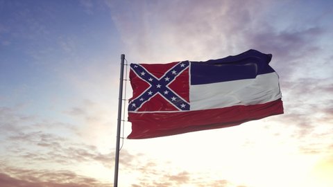 State flag of Mississippi waving in the wind. Dramatic sky background. 4K