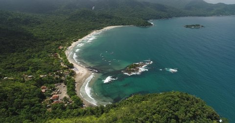 Aerial view of Castelhanos Beach - a wild beach surrounded by atlantic forest - Ilhabela, São Paulo, Brazil