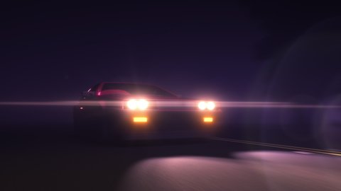 Car driving on highway, autobahn. Midnight drive. Bright glowing car spotlights or headlights, dynamic lens flare effect. Evening, night time. Lights on the road. 3D Render. Seamless loop 4K animation