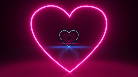 Abstract futuristic corridor with pink blue hearts on dark background. Laser neon lines, geometric endless tunnel. Valentine's Day. Romantic love concept. Moving forward. 3d animation loop of 4K