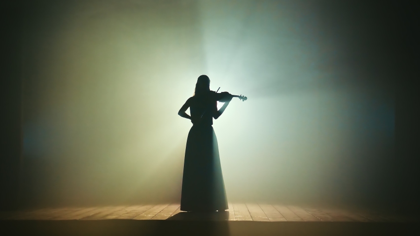 Silhouette of a Charming Girl Violinist in a Long Dress. Girl Musician Professionally Performs a Classical Piece of Music on the Violin, she Plays on a Stage Filled with Smoke, with Blue Lights