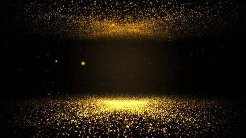 gold particles abstract background with shining golden floor particle stars dust. Futuristic glittering fly movement flickering loop in space on black background.