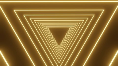 3d animation abstract background neon triangle light effect. 4k 3d rendering for backdrop, banner design. Beautiful gold triangle tunnel in motion graphic.