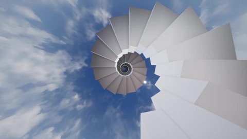 Stairway to Heaven. The camera watches as the steep spiral staircase climbs into the sky.