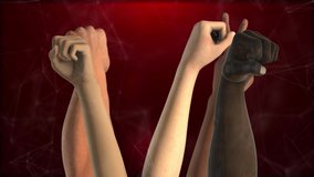 Hands of Diverse Interracial People Raised on A Dark Background. Animation 3d Political Protest. Hands Up Protes. Antiracism. Equality.
