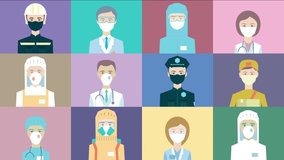 2D flat animation. Background is changing on other color. Faces in medical masks. Professions important during a pandemic: doctor, nurse, policeman, rescuer, firefighter, courier. Video conference.