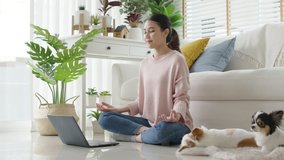 Attractive beautiful young asia female close eyes maditate at home self break stress relief from work, stay quarantine social distance in online yoga class community, wellness wellbeing lifestyle. - Powered by Shutterstock - Get 15% off with code: PIKWIZARD15