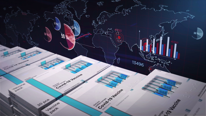 Covid-19 vaccine production statistics. Covid Sars-cov-2 vaccination stats, chart and graph. Coronavirus global pandemic progress concept background. Abstract 3d rendering loopable seamless animation. - Powered by Shutterstock - Get 15% off with code: PIKWIZARD15