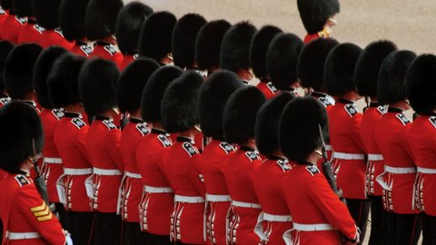 LONDON, circa 2019 - Close-up view of the Grenadier guards during the Trooping the Colour parade to mark the birthday of the Queen of England