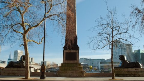 Wide view of the Cleopatra's Needle obelisk in Westminster, London. It was presented to the UK in in 1819 by the ruler of Egypt