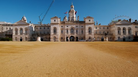 POV walk along the Horse Guards Parade with no people on a bright sunny day in Whitehall, London, England, UK