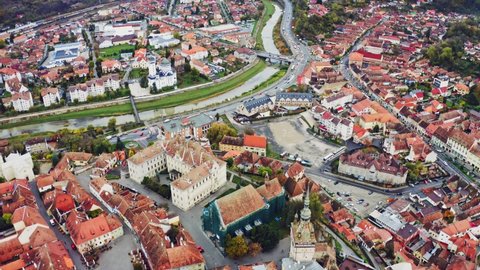 Aerial view of road traffic of Sighisoara, Romania