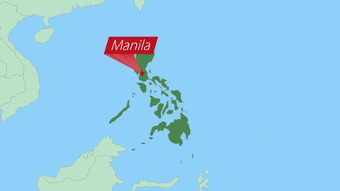 Map of Philippines with pin of country capital. Philippines Map with neighboring countries in green color.
