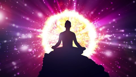 Power of meditation. Energy burst of chakra. Mindfulness power of awakening and self awerness. Great light of mental power animation. 3D rendering.