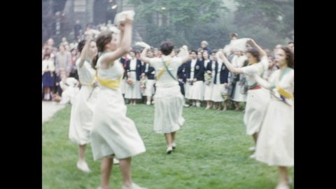 1950s: Young women at Bryn Mawr celebrate May Day, performing dance with handkerchiefs, performing Elizabethan play.