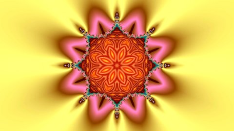 video animation of a beautiful multicolored fractal mandala with a bright circular abstract ornament in orange color and the appearance of a beautiful flower in the center on a yellow background
