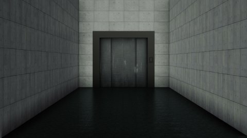 Flight through empty dark corridor with opening metal lift at the end.
Animation with mask included of camera moving forward in modern mysterious corridor.