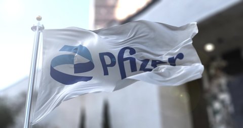 Rome, Italy, January 26, 2021: 3D Animation White flag with the new Pfizer logo waving in the wind. Pfizer is an American pharmaceutical company that has produced a vaccine for the Covid-19 coronavirus