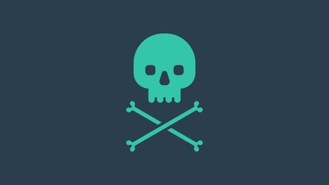 Turquoise Skull on crossbones icon isolated on blue background. 4K Video motion graphic animation.