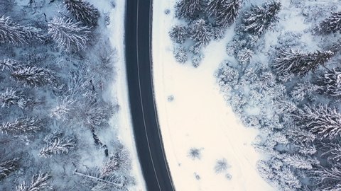 View from a height on the road in the winter mountain forest.