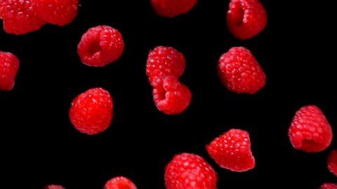 Close-up of red ripe juicy raspberries falling down diagonally on a black background in slow motion