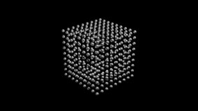 Animation of rotation of a cube consisting of metal balls. Simple and complex rotation. Seamless looped 4k animation on black background