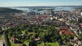 Oslo, Norway, Scandinavia. Beautiful 4K panoramic aerial video from flying drone to Oslo city center. Against the background of the mountains, North Sea  and blue sky on a sunny summer day. (Series)