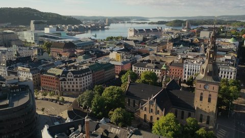 Oslo, Norway, Scandanavia.Beautiful 4K panoramic aerial video from flying drone to Oslo Cathedral (Oslo domkirke), the main church for the Church of Norway Diocese of Oslo. (Series)