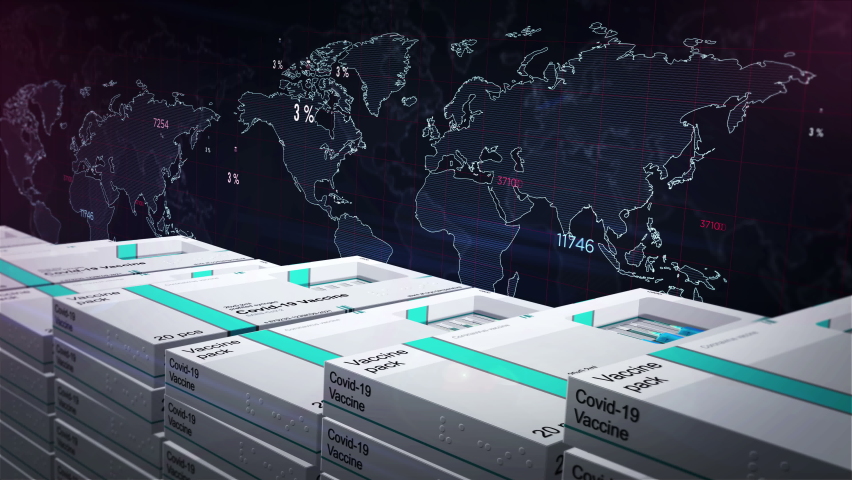 Covid vaccination stats. Sars-cov-2 vaccine production, distribution and logistic. Covid-19 epidemic statistic chart and graph background with vial pack box. Abstract concept 3d rendering animation. - Powered by Shutterstock - Get 15% off with code: PIKWIZARD15