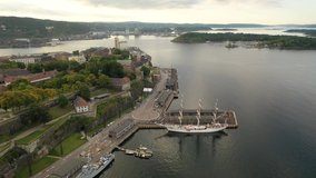 Akershus Fortress Medieval castle Oslo, Norway, Scandanavia. Beautiful panoramic aerial 4K video from flying drone. (Series)
