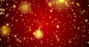 Abstract Shimmering Yellow Particles on Red Background. Festive Background with Particles with Bokeh. New Years, Christmas footage. 4K video
