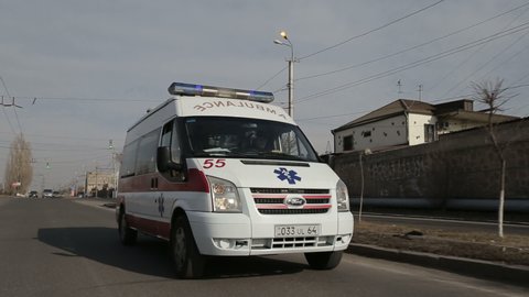 Yerevan, Armenia - November 2019 - Ambulance Van Rushes Down The Highway