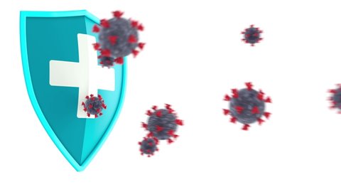Covid 19 Corona virus shield protection. SARS-CoV-2 immune protection safety. Pharmacy medication treatment against covid. 3D Animation.