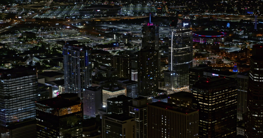 Denver Colorado Aerial v24 tight angle close up birdseye downtown cityscape night -- August 2020