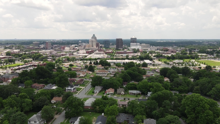 Downtown Greensboro City, North Carolina USA. Aerial View of Financial District on Cloudy Summer Day, 60fps Drone Shot