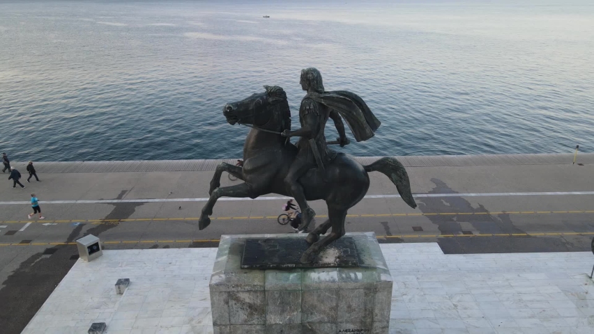4K Drone clip of the Statue of Alexander The Great in Northern Greece, Thessaloniki
