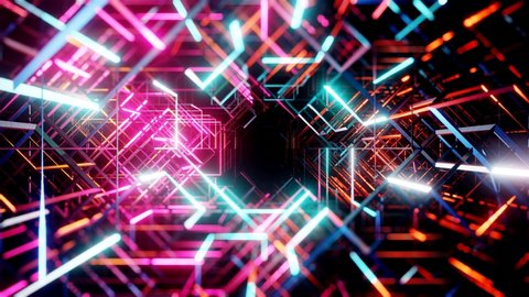 A neon tunnel of lines. A colorful corridor with bright reflections and blurring at the edges. Neon background. 3D 4K loop animation
