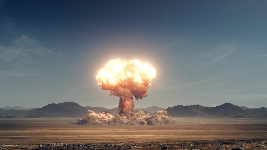 Huge nuclear bomb explosion with a mushroom cloud, weapon of mass destruction