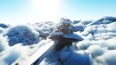 futuristic city station on the clouds. Flying futuristic ships. Concept of future. Realistic 4k animation. 스톡 비디오